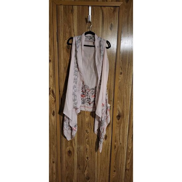 2 white sheer open cardigans with colorful designs at hem - Picture 8 of 13